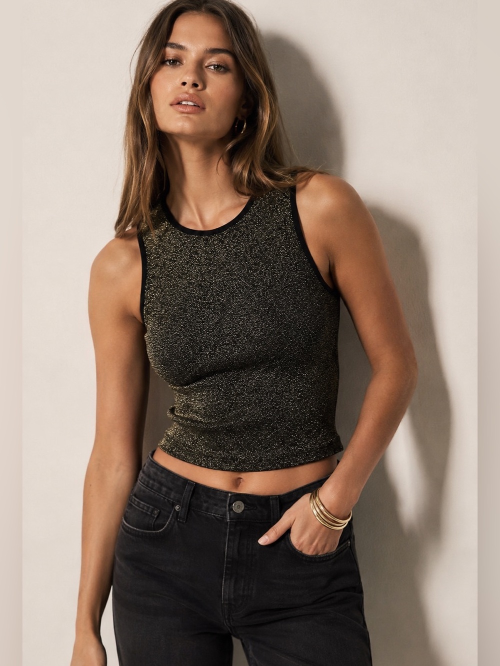 Anthropologie LyreBird Black Metallic Shimmer Ribbed Crop Tank S/M